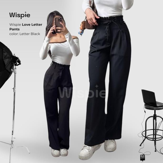 Wispie Love Letter Pants | Celana Panjang Kulot Tali Wanita Pink Coklat Cream Hitam Diskon