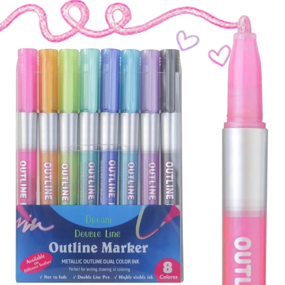

8/12 Colors Set Double Line Outline Pens, Self-Outline Metallic Markers Glitter Writing Drawing Pens For Christmas Card Writing