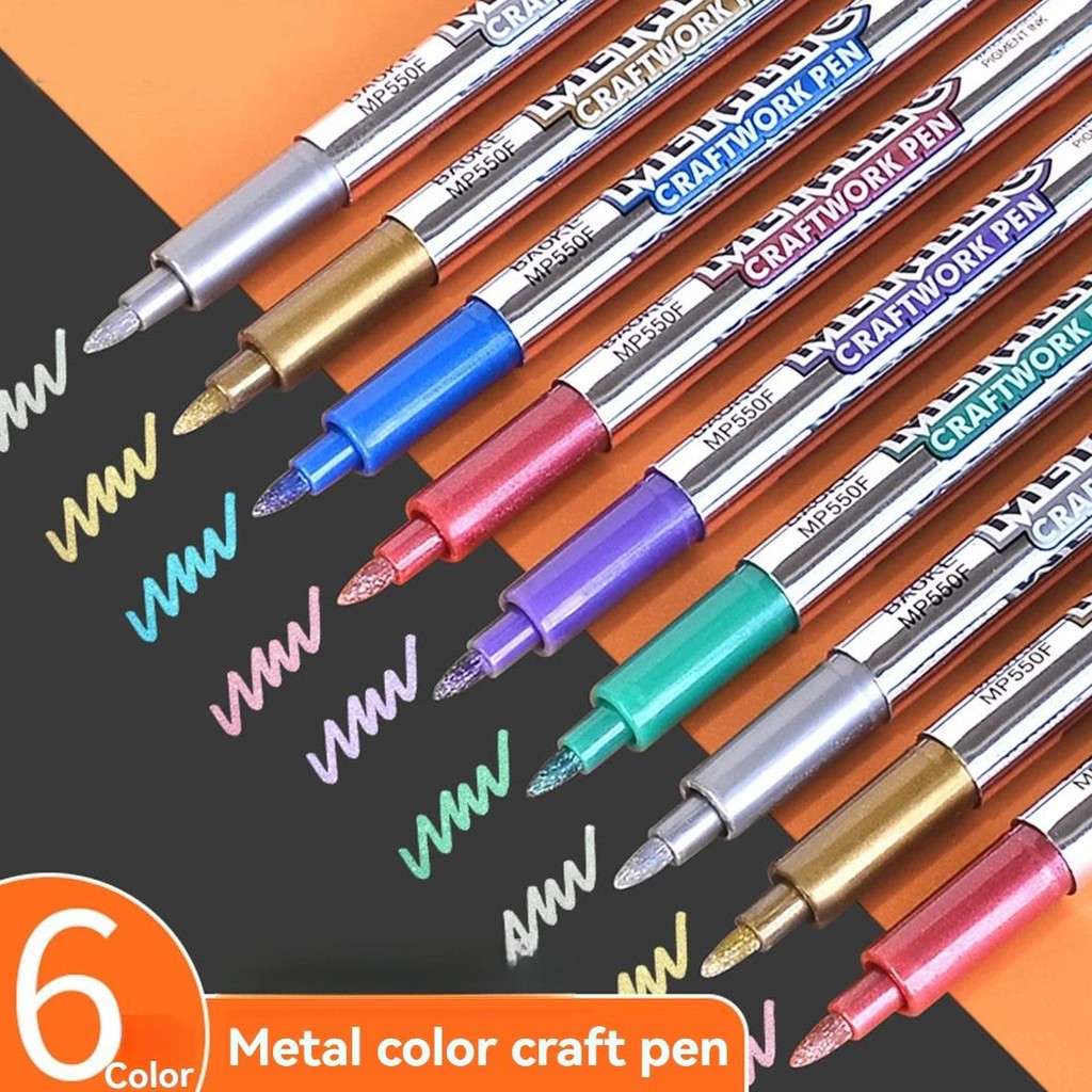 

6 Colors Permanent Metallic Paint Pens Markers, For Canvas, Rock Painting,Glass, Ceramic Surfaces,Diy Photo Album Scrapbooking