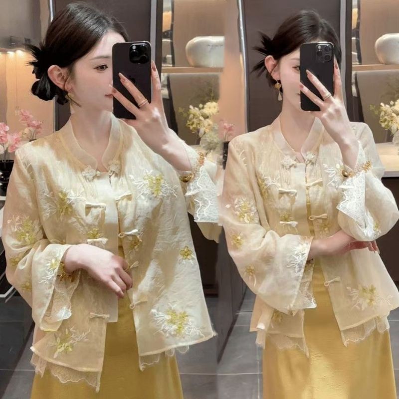 Atasan Bordir Gaya Cina Baru Wanita+Setelan Baju Bertali