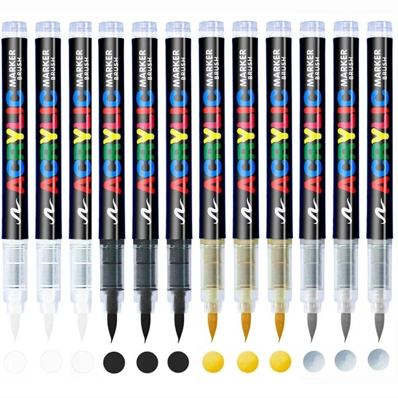 

3Pcs Acrylic White Marker Brush Pens Black Paint Art Markers For Rock Painting Stone Ceramic Glass Wood Tire Fabric Metal Canvas