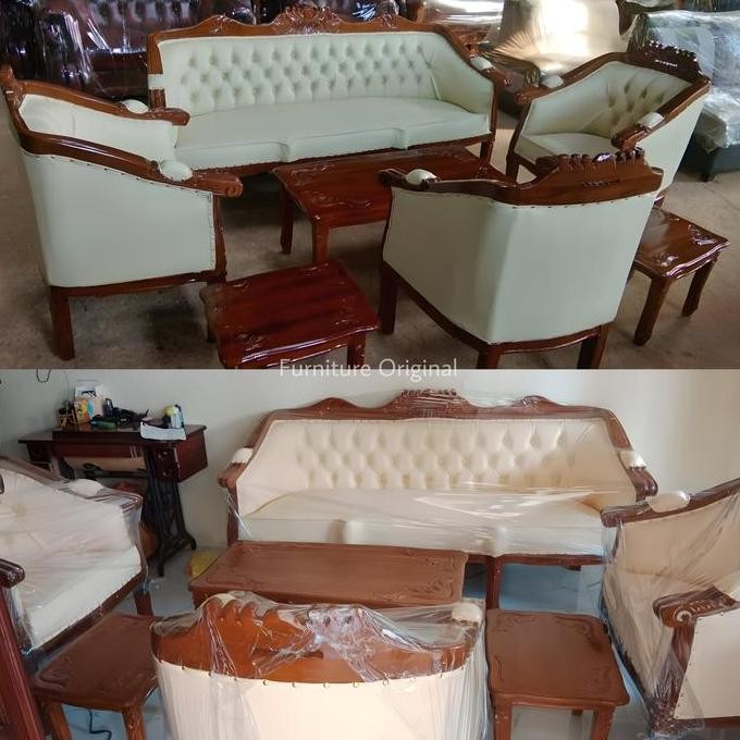 Terlaris Sofa Minimalis Asli Jati Jepara Warna Putih Gading Rangka Kayu Jati Jepara - Furniture Orig