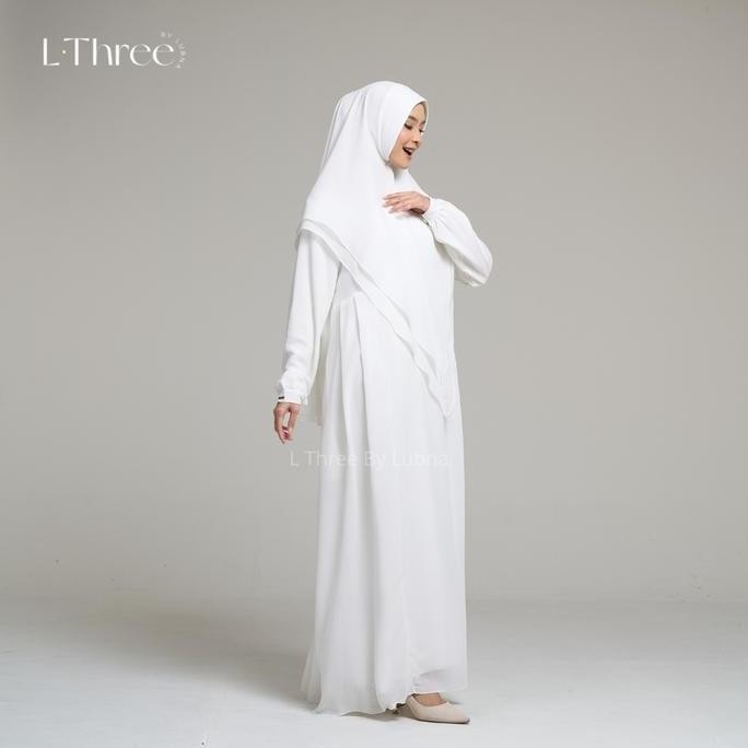 SET GAMIS UMRAH MAIRA L THREE BY LUBNA FASHION WARNA PUTIH MODEL SIMPLE ELEGANT MUSLIM CANTIK SYARI 