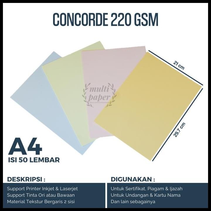 

Terlaris Kertas Concorde A4 220Gr Isi 50 Lembar / Kertas Sertifikat Good Quality
