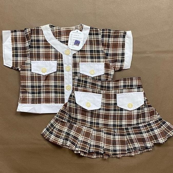 Tersedia 0-6bulan baju bayi perempuan setelan rok tartan kotak cantik