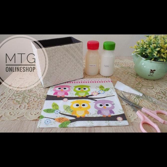 

ready !!! Paket Decoupage Hemat / Tisu Motif, Lem, Varnish, Gunting, Kuas Deco
