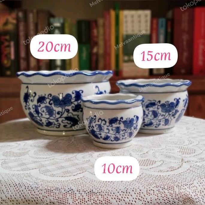 baru Pot Import Keramik Biru Putih motif bunga Bulat