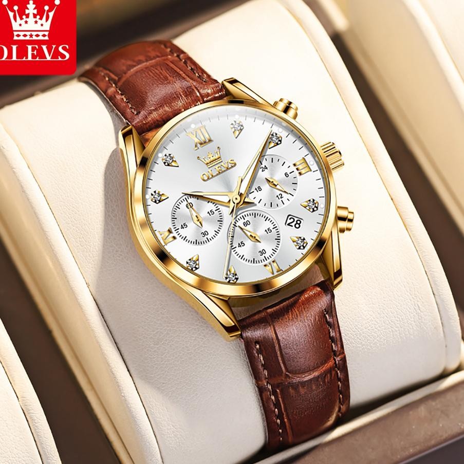 Olevs Jam Tangan Wanita Anti Air Tali Kulit Luxury Bercahaya Kalender Quartz Watch Woman 5523