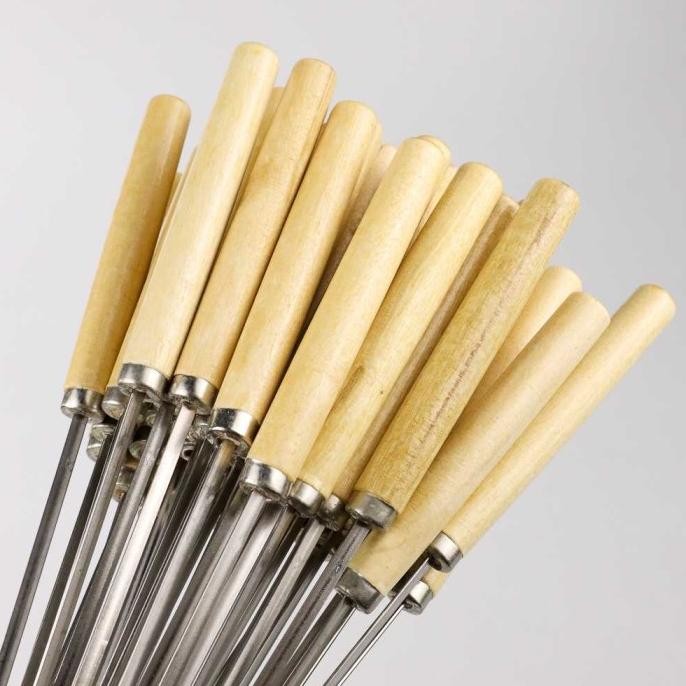 50 Buah Alat Tusuk Sate Stainless Steel Stik Besi Gagang Kayu Tusukan Bakar Ikan Udang Barbeku Kitch