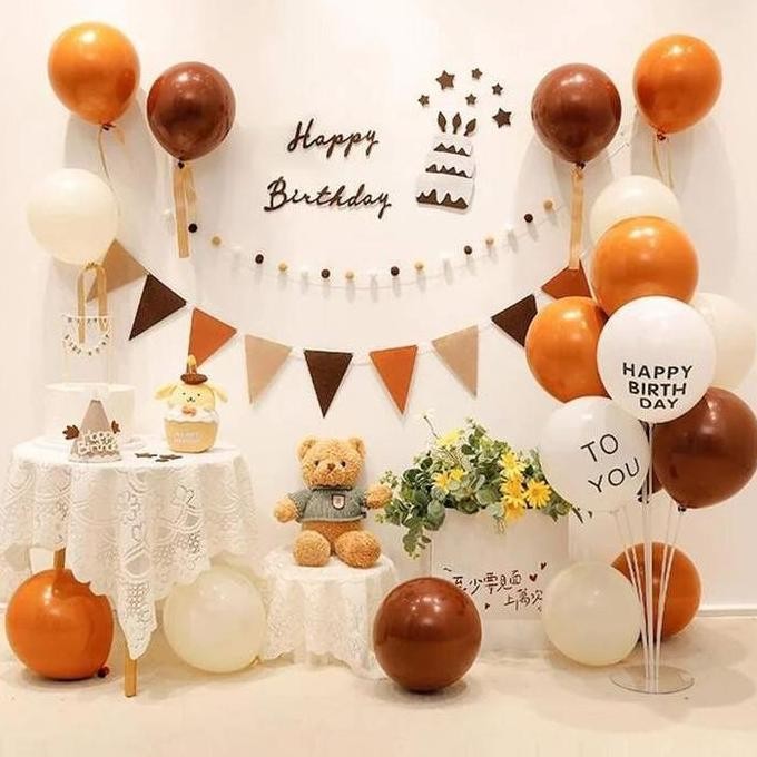 

Banner Happy Birthday Flanel Retro Aesthetic Caramel Coffee Apricot Daun Beruang Set Ulang Tahun Bogor