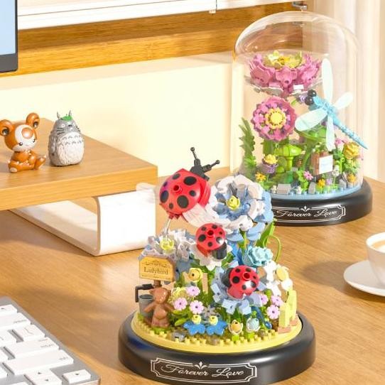 

igoods.rose Buket DIY blok bangunan pot serangga kupu-kupu bunga matahari blok bangunan mainan perakitan tanaman bunga