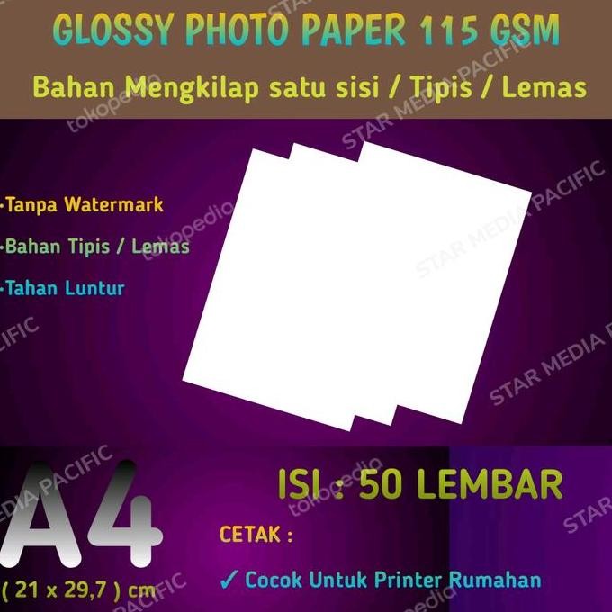 

Kertas Foto Mengkilap 115 Gsm A4 50 Lembar/Photo Paper Glossy Tipis Promo