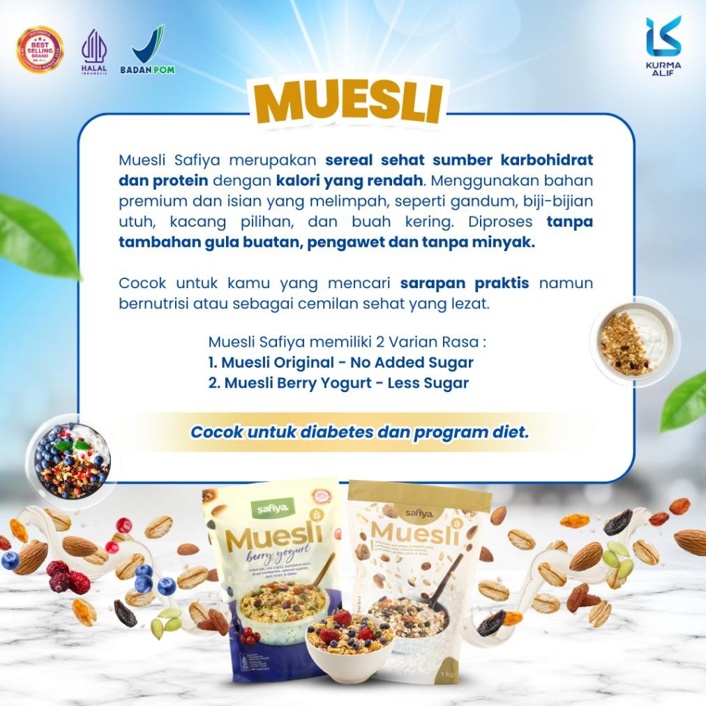 

Ready Muesli Safiya 1 Kg Oatmeal Dried Fruit Almond Mete Sereal Diet Sehat