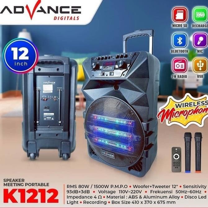 Speaker Aktif 12" Advance K1212 Portable 2 Mic Wireless Karaoke K 1212 New Stok