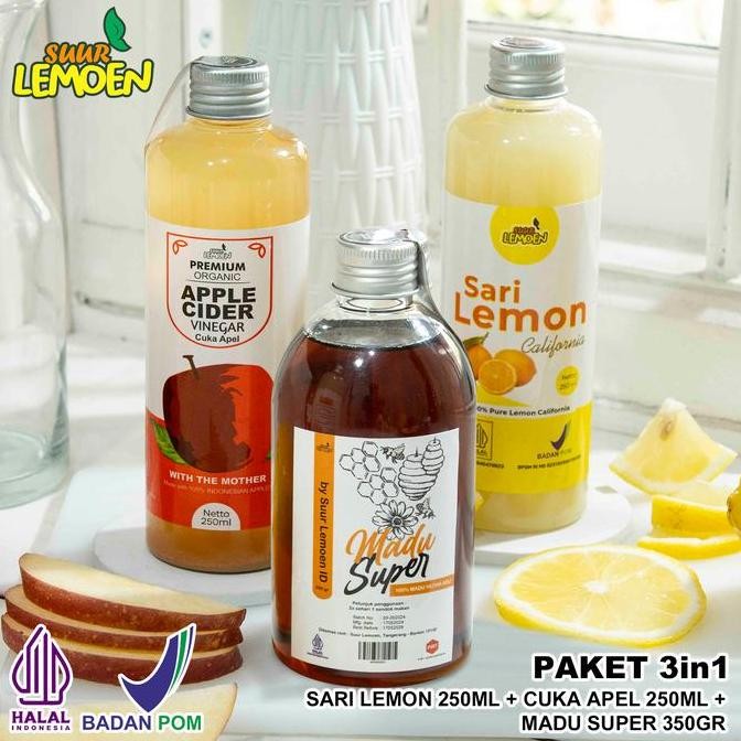 

SUUR LEMOEN BPOM Paket Cuka Apel 250 ml Sari Lemon 250 ml Madu Hutan 350 gr LA