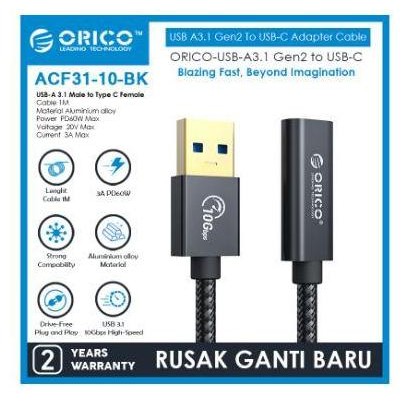 ready Cable Usb A male to Usb3.1 type c female orico 1m 3A 10Gbps acf31-10