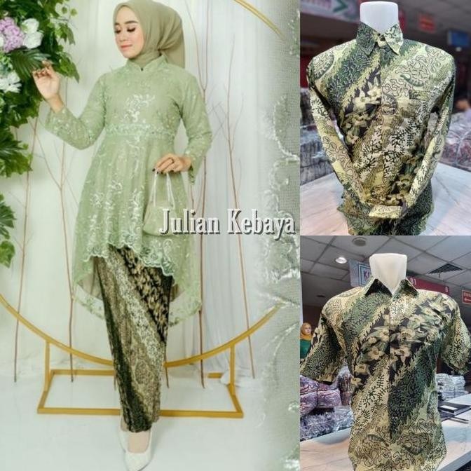Tersedia Setelan Baju Couple Kebaya Tunik Payet Sage Green Dan Kemeja Batik Pria Atasan Kondangan Ke
