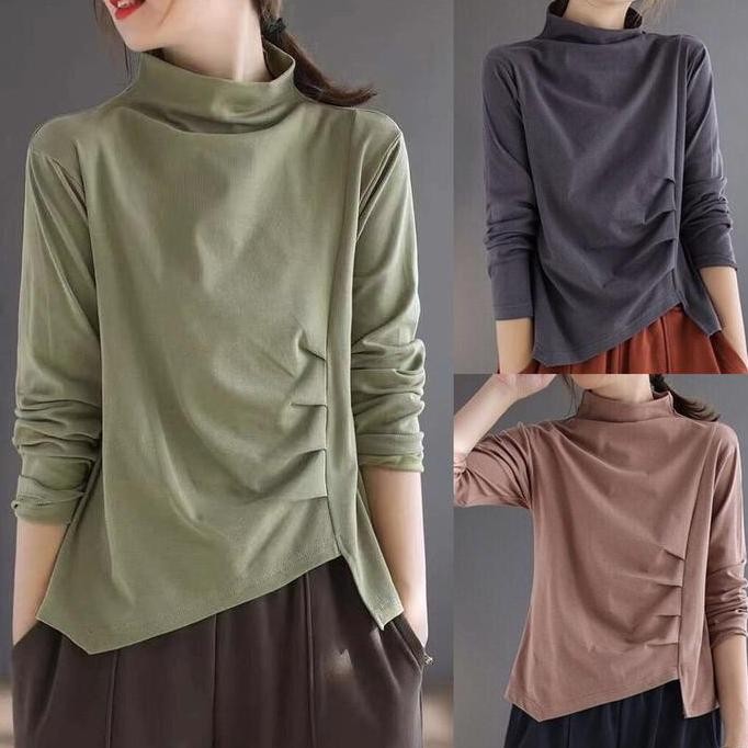 Blus Kaos Kerah Tinggi Turtle Highneck Hijau Sage Abu Coklat Krem Kerut Samping Hem Asimetris Korea 
