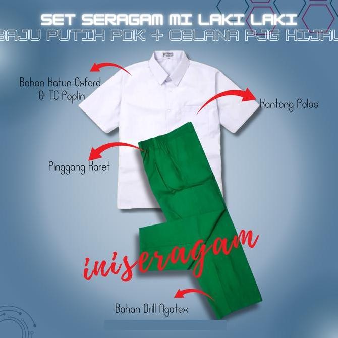 Tersedia Setelan Seragam Sekolah Putih Hijau MI TK Baju Putih Polos Lengan Panjang Tangan Pendek Cel