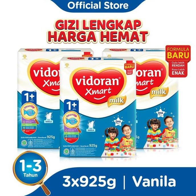 

vidoran Xmart 1+ Vanilla 925gr Susu Pertumbuhan Anak 1-3 Tahun - 3 box (Bubuk) - Exp : 01.2026