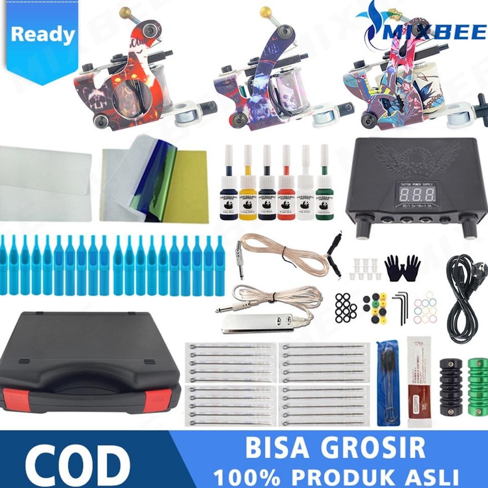 sfI 3 Mesin Alat Tatto /Tato Full Set dan kotak peralatan-  Power Tinta Jarum Set Lengkap - Set Tato