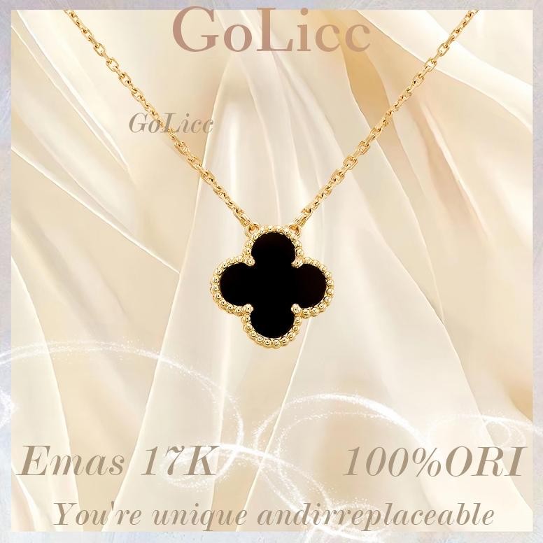 sfI Kalung Wanita - Kalung Onyx Hitam Semanggi 17K Emas - Kalung Bunga Hitam - Liontin Kalung Emas G