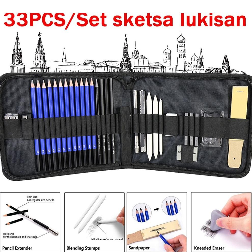 

33PCS/Set Sketch Pencil Pisau Penghapus dan Pensil Gambar untuk Keperluan Sekolah Pencil Drawing Set