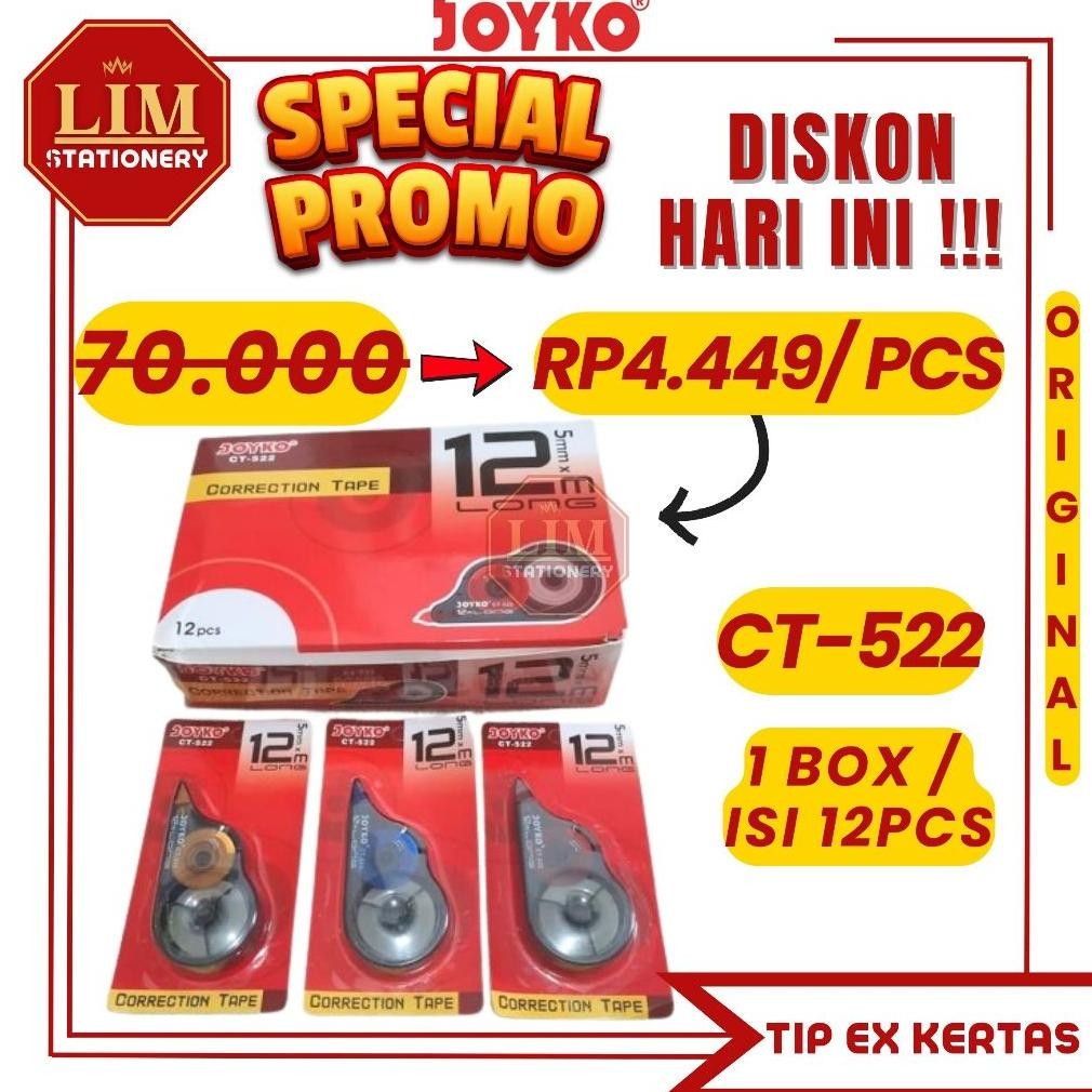 

JOYKO CT-522 (1BOX /12PCS) TIP EX KERTAS / TIP EX ROLL 522