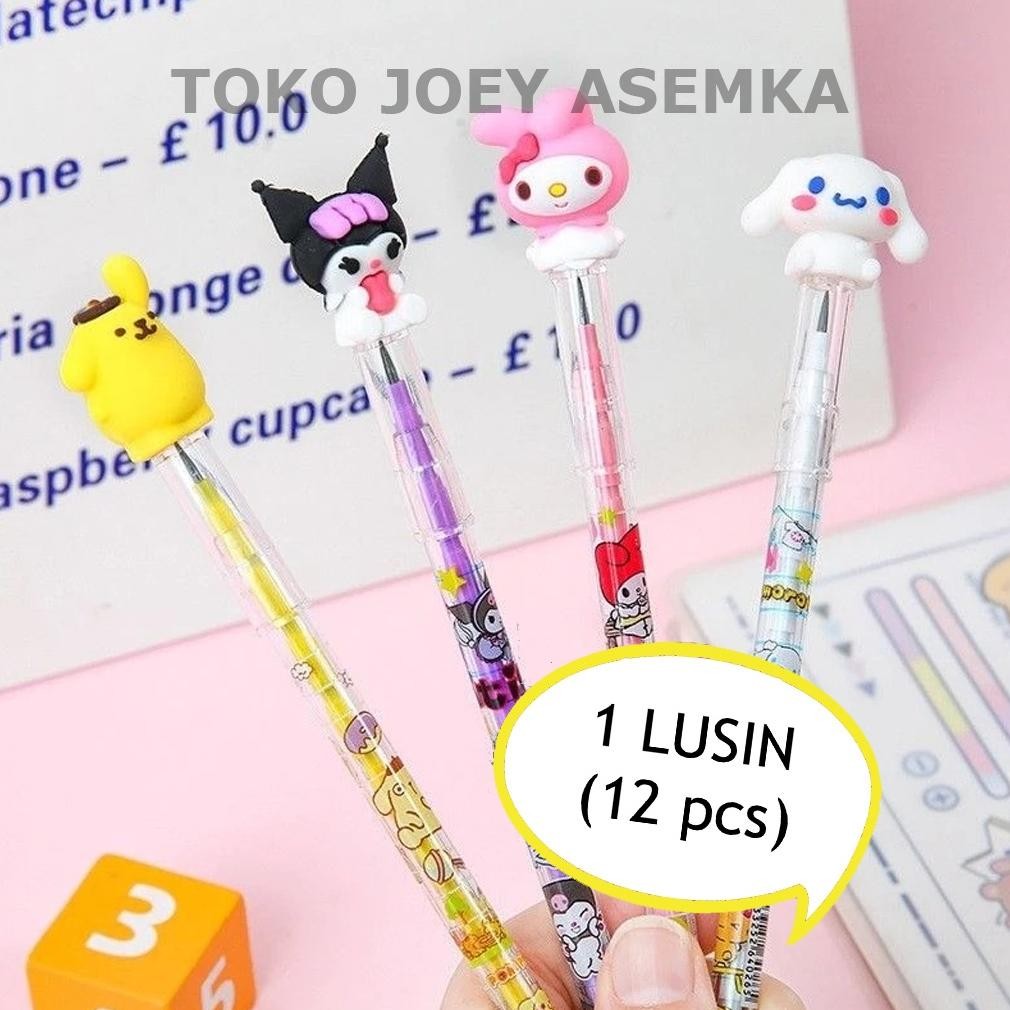 

(12 PCS) Pensil Susun Sanrio Kuromi Melody Cinnamoroll Purin BENSIA LANTU BISA DIISI ULANG PELURU