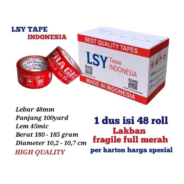 

lakban fragile full merah LSY TAPE 48mm x 100yard 1 dus isi 48 roll ( CMH ) AST