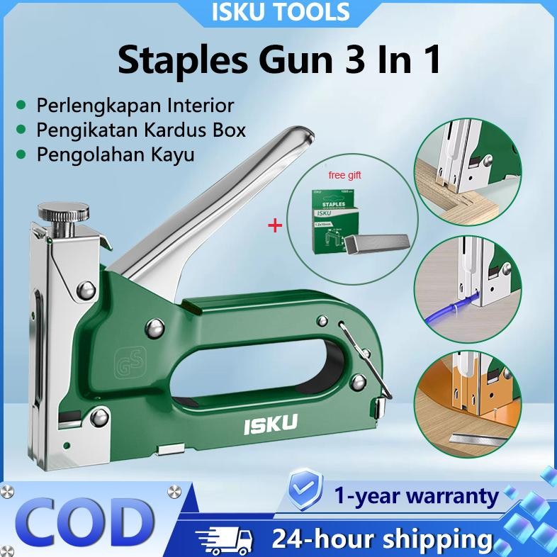 

ISKU Staple Gun/Staples Tembak 3 In 1 Paket Staples Tembak Gun Tacker + Isi Atau Refil 13/8 Stapler Jok Staples Jok Motor/Stapler Tembak Kayu Gun Paku Steples Tembak 3 In 1 AST