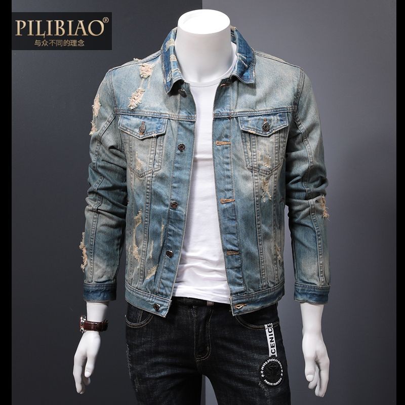 Jaket Denim Slim Fit Pria dengan Kerah Turun, Jaket Denim Pakaian