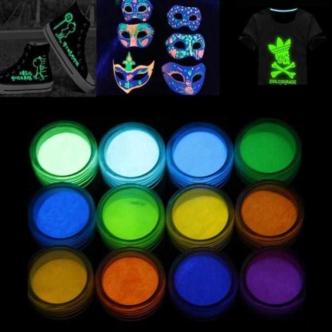 

12 Warna Bubuk Glow In The Dark Fosfor Powder Dapat Menyala Dalam Gelap Pewarna Resin Lilin Candle Slime Nail Art AST