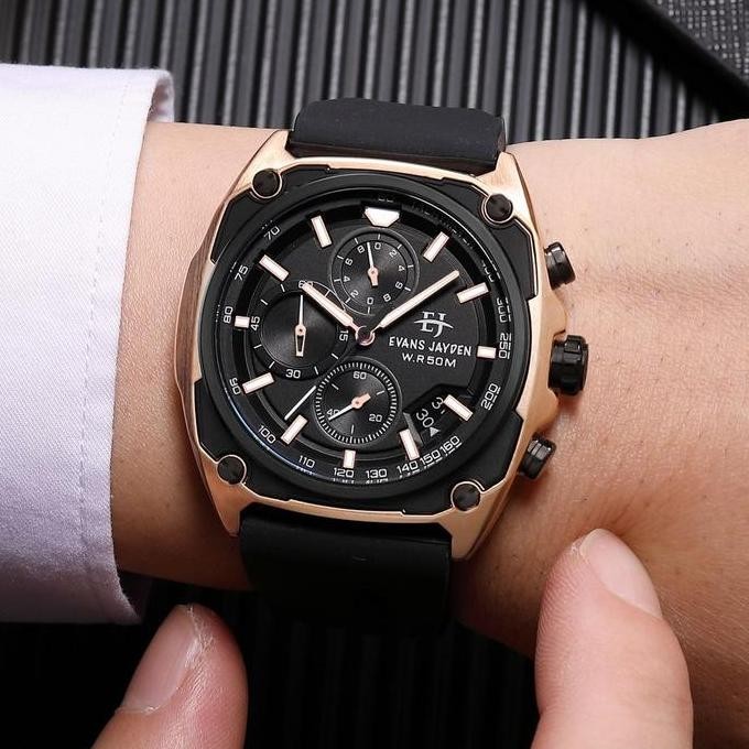 Tersedia DISKON  Jam Tangan Pria Evans Jayden 9604 Rubber Kaca Sapphire Chronograph Water Resistant 
