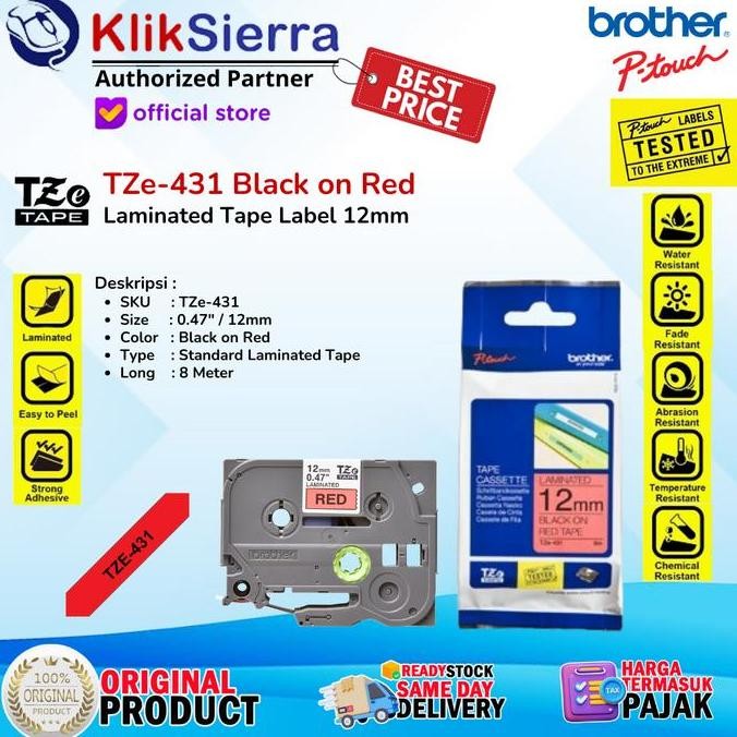 

Brother Tze-431 12Mm Ptouch Tape Label Tze431 Black On Red New Stok