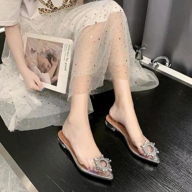 Tersedia Sandal Hak kaca Wanita Transparant  motif bunga Matahari sepatu pesta