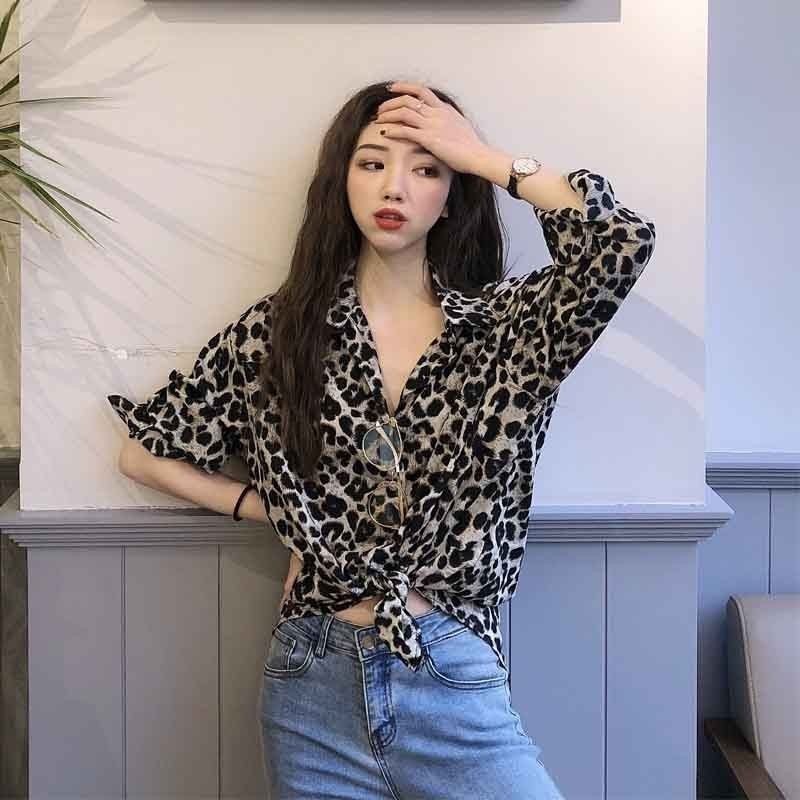 Vintage Shirt for Women with Unique Design, Thin Long Sleeve Leopard Print HyunA Style Hong Kong Fla