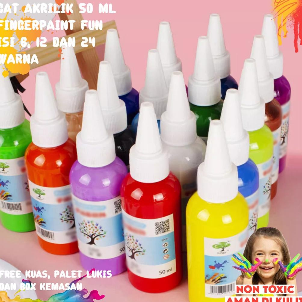 

SET CAT AKRILIK FINGER PAINTING UKURAN 50ML PERBOTOL ISI 6, 12 DAN 24 WARNA FREE KUAS, PALET DLL AST