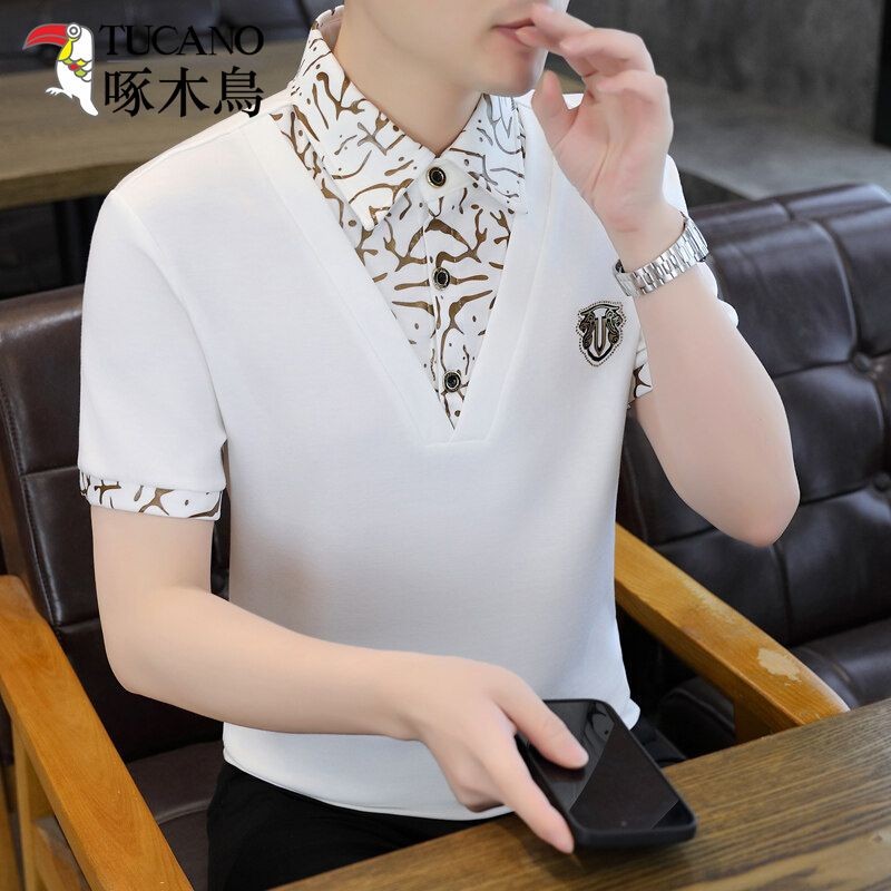 Kerah Bisnis Premium Pria Woodpecker BerkualitasSantai Palsu Dua Potong Lengan Pendek T Baju Kaos