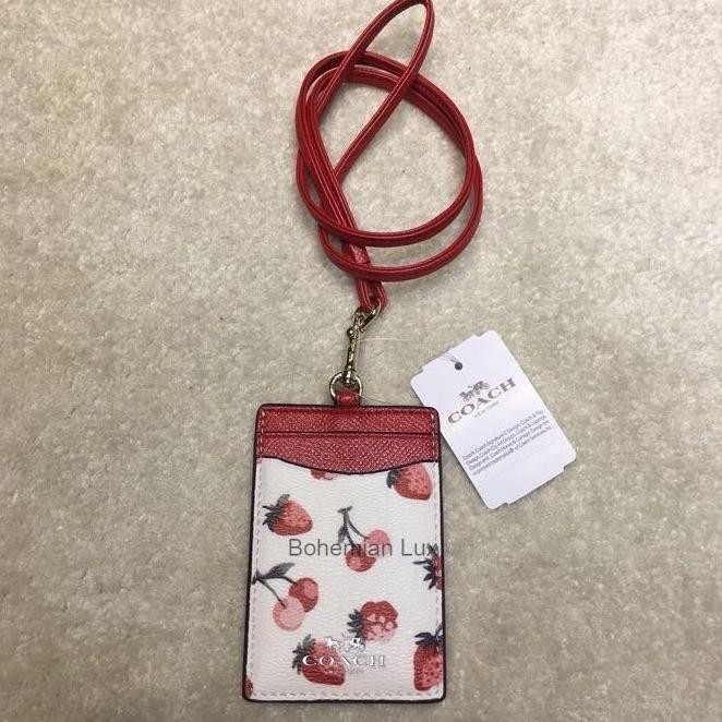 

READY COCH Lanyard ID Name Tag Card Holder In White with Strawberry Print NEW