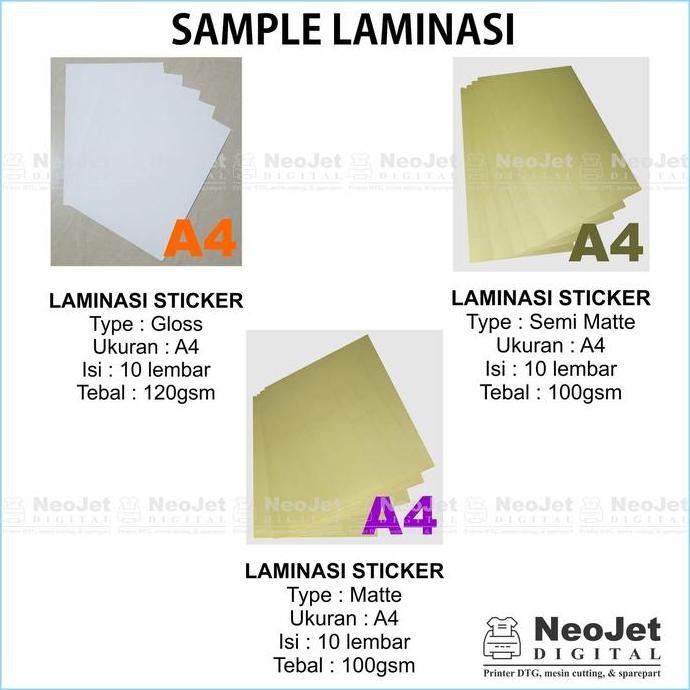 

baru Sample Laminasi Dingin Glossy 120 gsm Doff Matte Satin 100 gsm A4