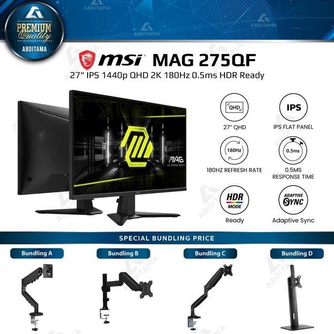 Monitor LED MSI MAG275QF 27" Rapid IPS 1440p QHD 2K 180Hz 0.5ms HDMI x2 DP x1 HDR Ready Vesa Wide Co