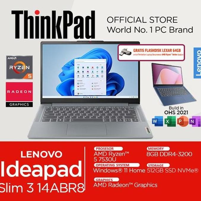 Lenovo Ideapad Slim 3 AMD Ryzen 5 7530U 8GB 512SSD Windows 11 OHS IPS 14 inch FHD 14ABR8 8YID