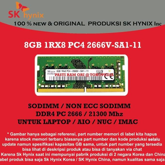 Ram Sodimm 8Gb Ddr4 Pc 2666 / 21300 Mhz Sk Hynix 1Rx8 For Nb / Laptop
