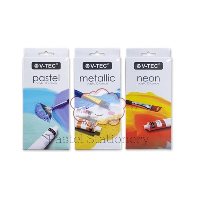 

Cat Acrylic V-Tec 12 Warna Pastel Neon Metallic Colors 6ml - Cat Akrilik VTec Paint Set VT-612A Terlaris