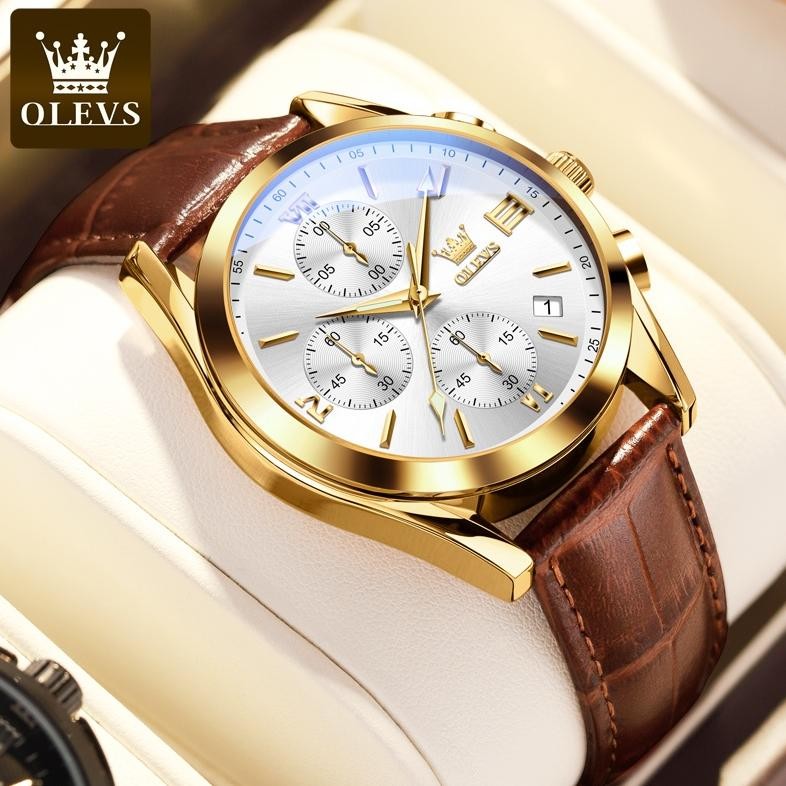 OLEVS Jam Tangan Pria Kulit Anti Air Kalender Otomatis Kronograf Luminous Analog Watch 2872 RB