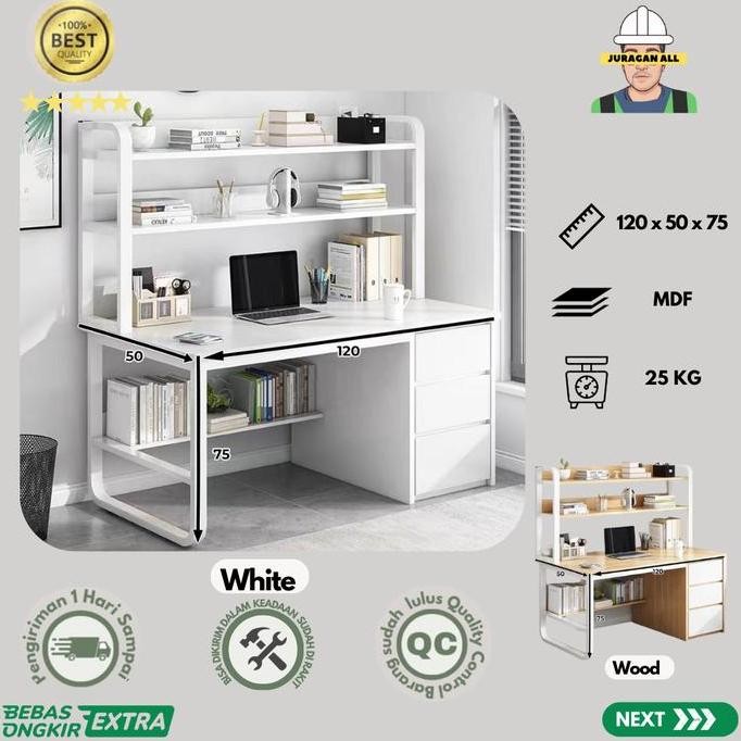 MEJA KERJA MINIMALIS/MEJA KANTOR LACI/MEJA BELAJAR/MEJA KOMPUTER 120CM + RAK ATAS - PUTIH