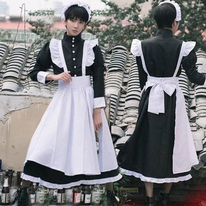 new  WetrosePria Wanita Memakai Cosplay Lucu Jepang Lolita Anime Pembantu Loli Hitam Panjang Gaun Ko