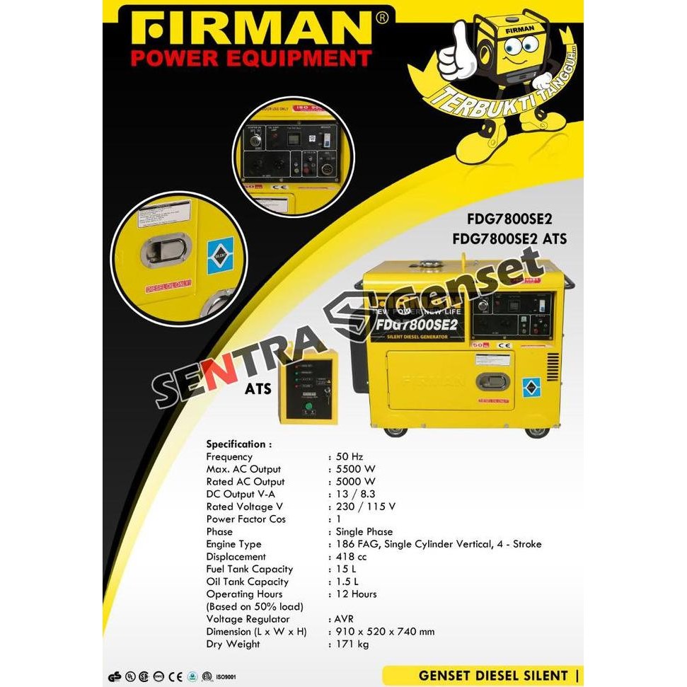 

Terlaris Genset 5000 Watt Silent Diesel + Panel Ats. Firman Fdg 7800 Se2