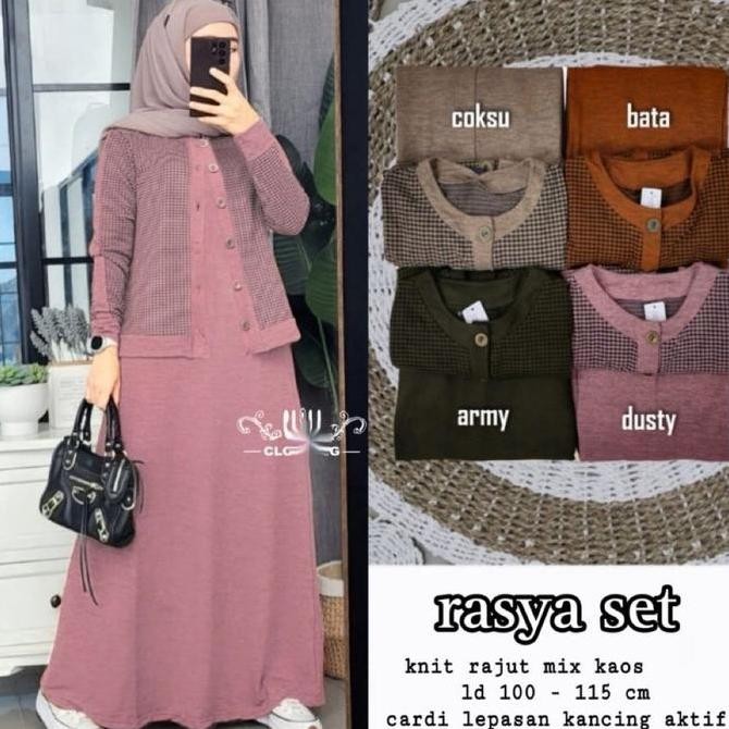Rasya set wanita / Gamis set / Baju muslim Kancing Dress  Cardigan Kotak Lembut Nyaman Setelan Panja